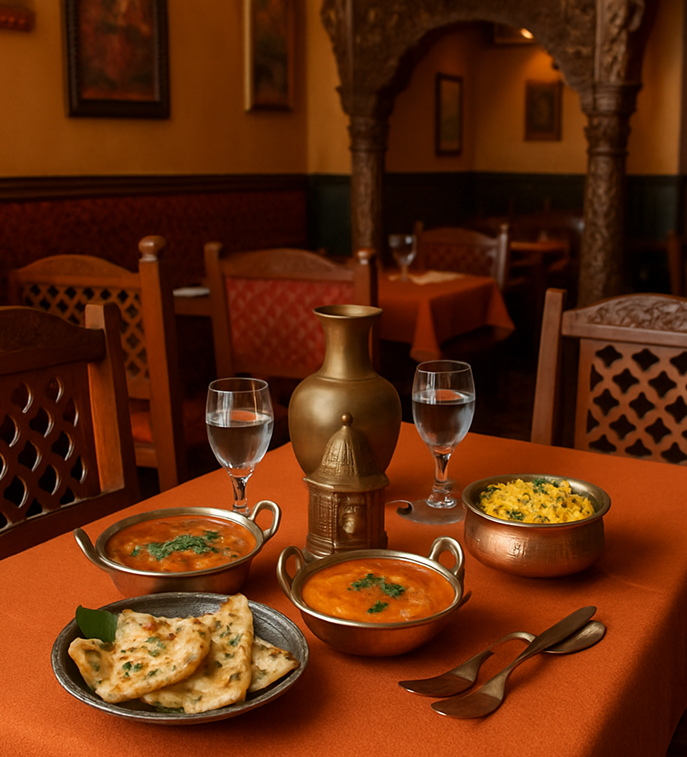 Elegant restaurant interior with traditional Indian dining setup, copper bowls, and warm lighting